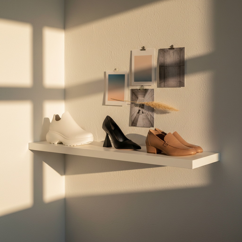 A thoughtfully curated shelf installation blending fashion, design, and everyday inspiration in a contemporary studio corner. On a floating matte-white shelf sit three sculptural shoes: a minimalist white sneaker with exaggerated sole, a slender black heel with architectural heel shape, and a soft taupe leather loafer with curved seams. Behind them, clipped to the wall, are small, text-free mood cards: abstract gradient color fields, close-up photographs of architectural concrete, and a dried, pale beige grass stem taped delicately. Soft, late-afternoon natural light filters in from an unseen window, producing warm highlights and long, elegant shadows across the wall. Photographed with a slightly elevated angle and medium depth of field, the arrangement feels like a quiet visual diary of influences. The aesthetic is clean, sophisticated, and introspective, showing the bridge between inspiration and finished design.
