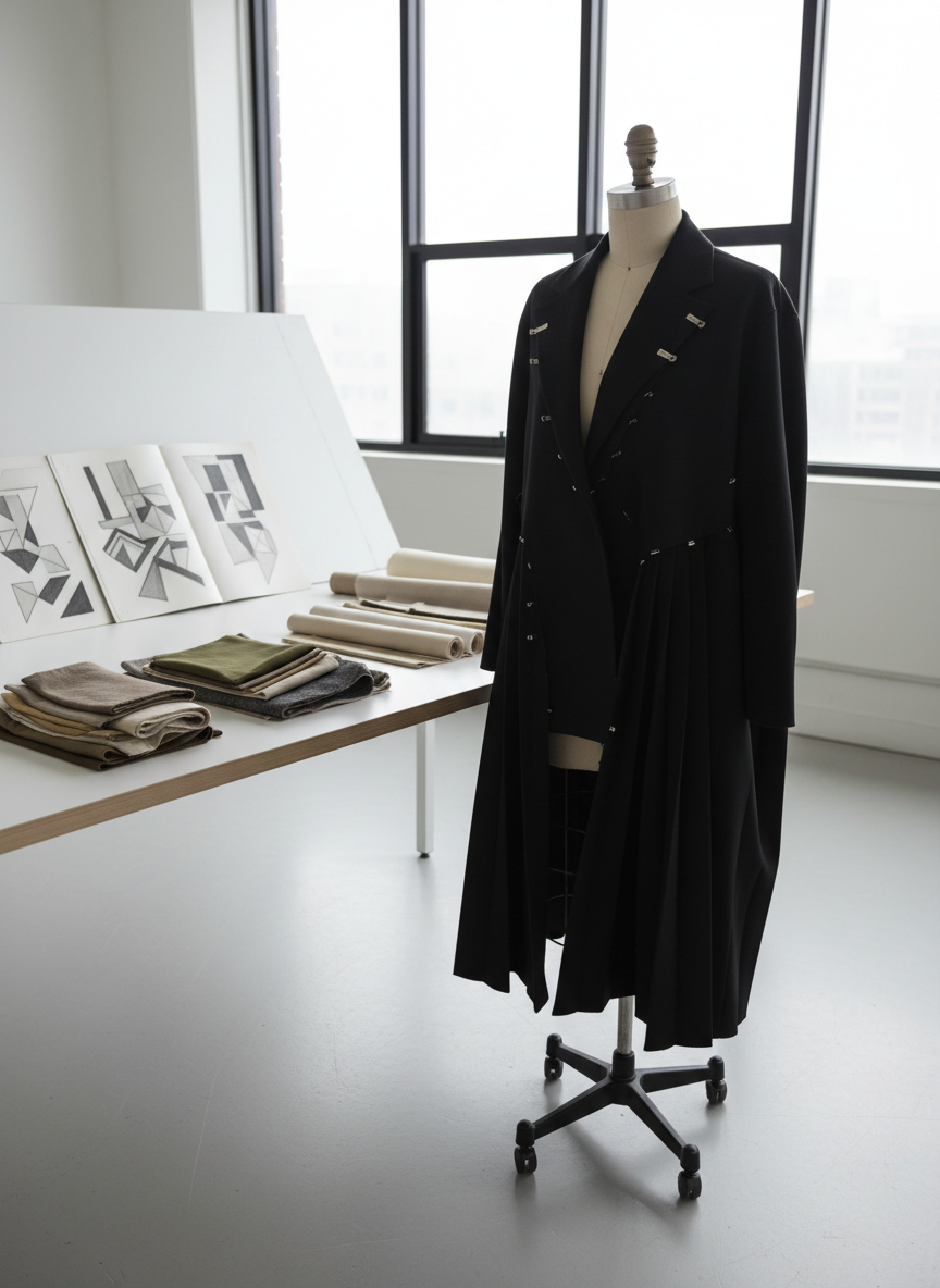 A meticulously arranged fashion designer’s workspace captured in photographic realism: a dress form draped with an unfinished, architectural black coat featuring sharp pleats and matte wool texture, pinned with fine silver clips. Surrounding it, a clean white drafting table holds open sketchbooks with abstract, text-free line drawings, fabric swatches in muted neutrals, and neatly aligned pattern paper. The setting is a minimalist studio with pale concrete floors and a long window wall. Soft overcast daylight diffuses across the scene, creating gentle shadows and subtle highlights on the textiles. Shot at eye level with a slightly wide angle, the composition follows the rule of thirds, focusing on the relationship between sketch, fabric, and finished garment. The atmosphere feels sophisticated, calm, and concept-driven, revealing a thoughtful creative process rather than commercial display.